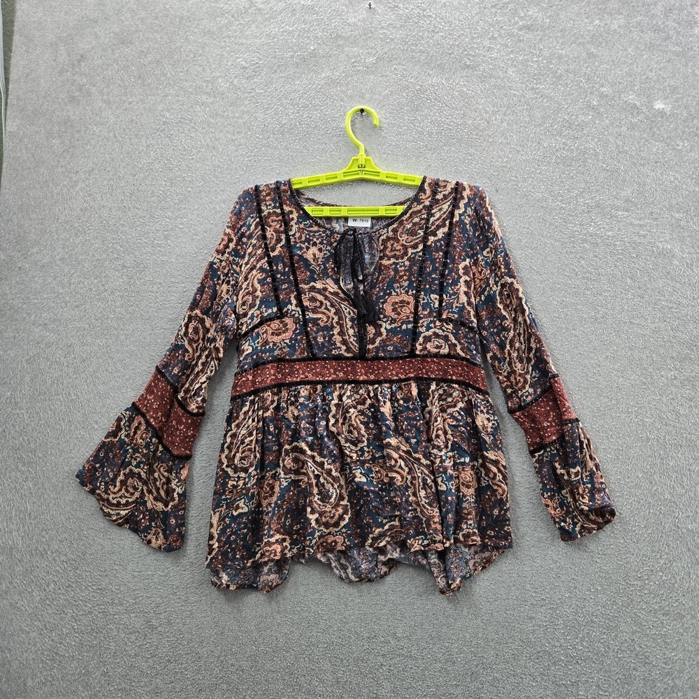 American Eagle  Women Blouse M Blue Paisley Ruffle Scoop Neck Fairy Y2K Boho